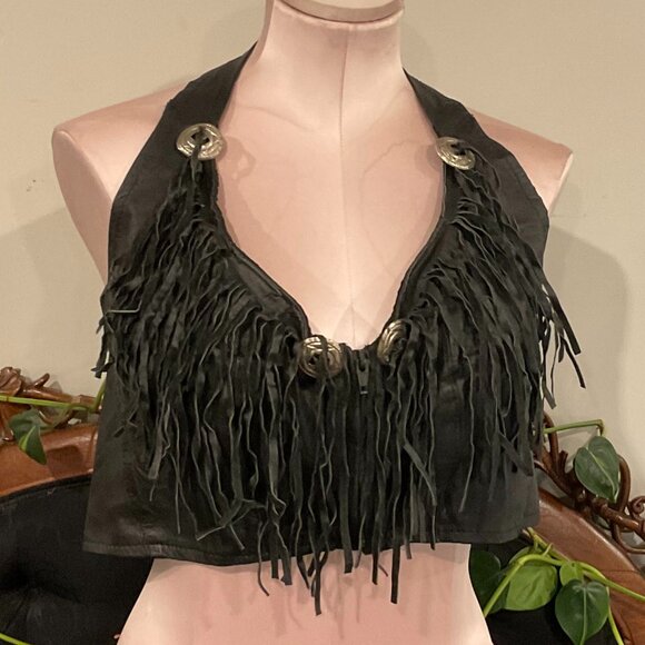 Vintage fringe Leather Fringed Halter Top Elastic Back Size XL Black - Picture 1 of 4